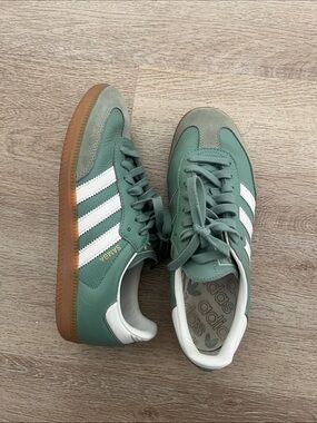 adidas Samba Sneakers in Sage Green with White Stripes and Gum Sole